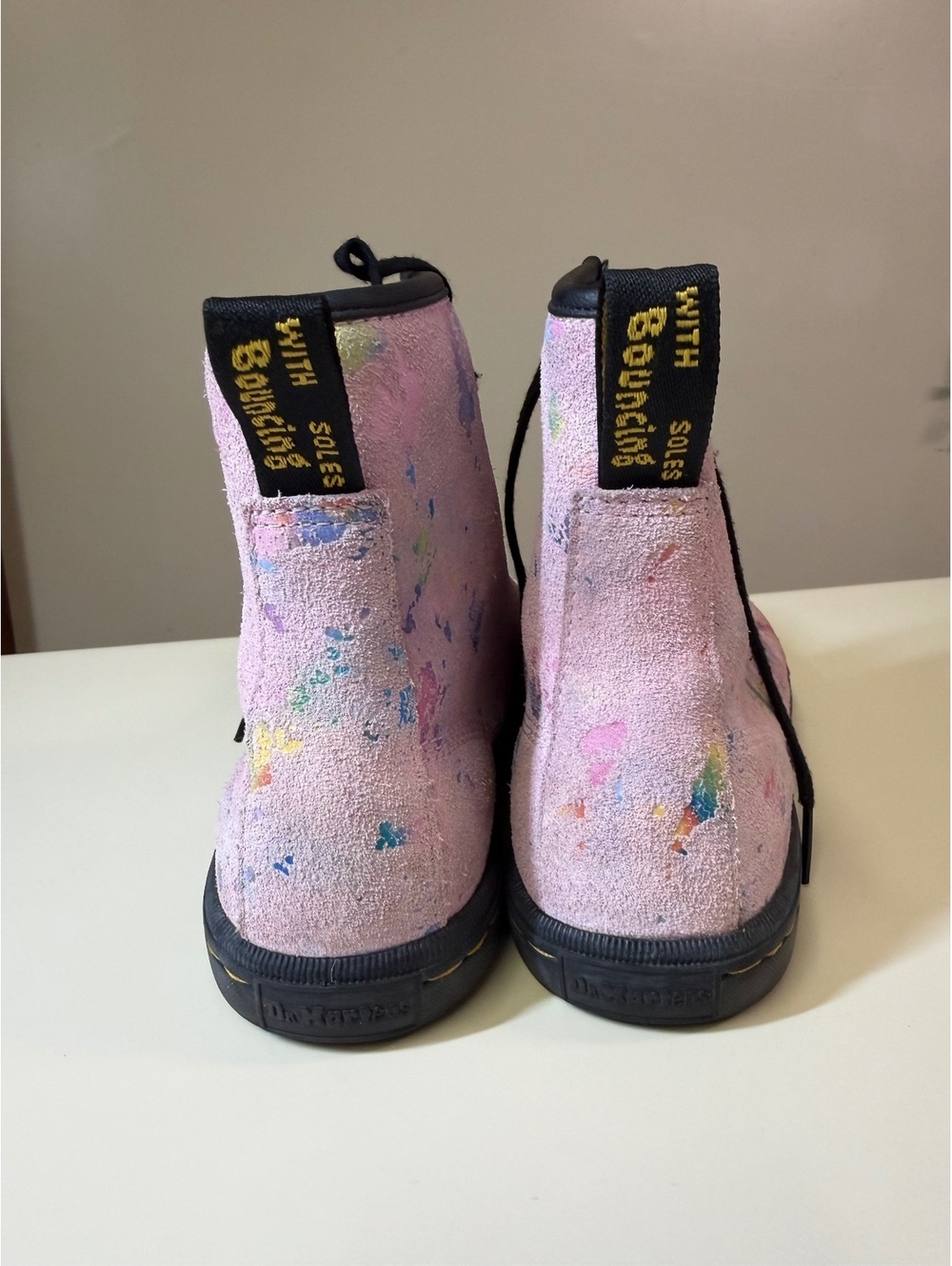 Dr. Martens Pink Suede Paint Splatter Lace-Up Boots